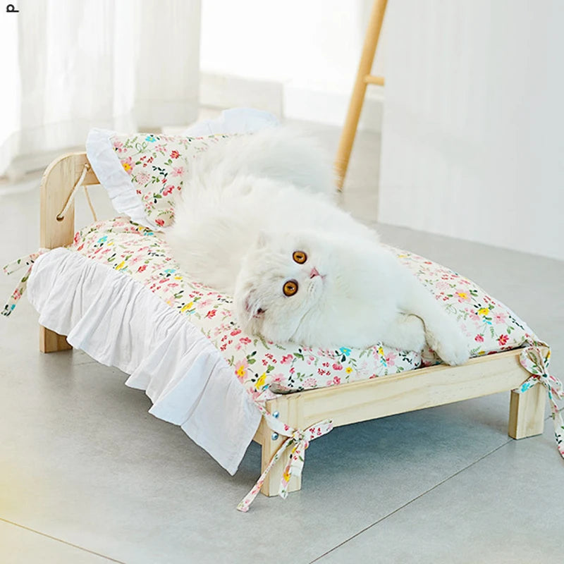 Solid Wood Pets Cats Bed Princess Beds Four Seasons Detachable Rabbit Dog Kitten Deeping Sleep Mat Pets Cat House Dog Sofa Bed