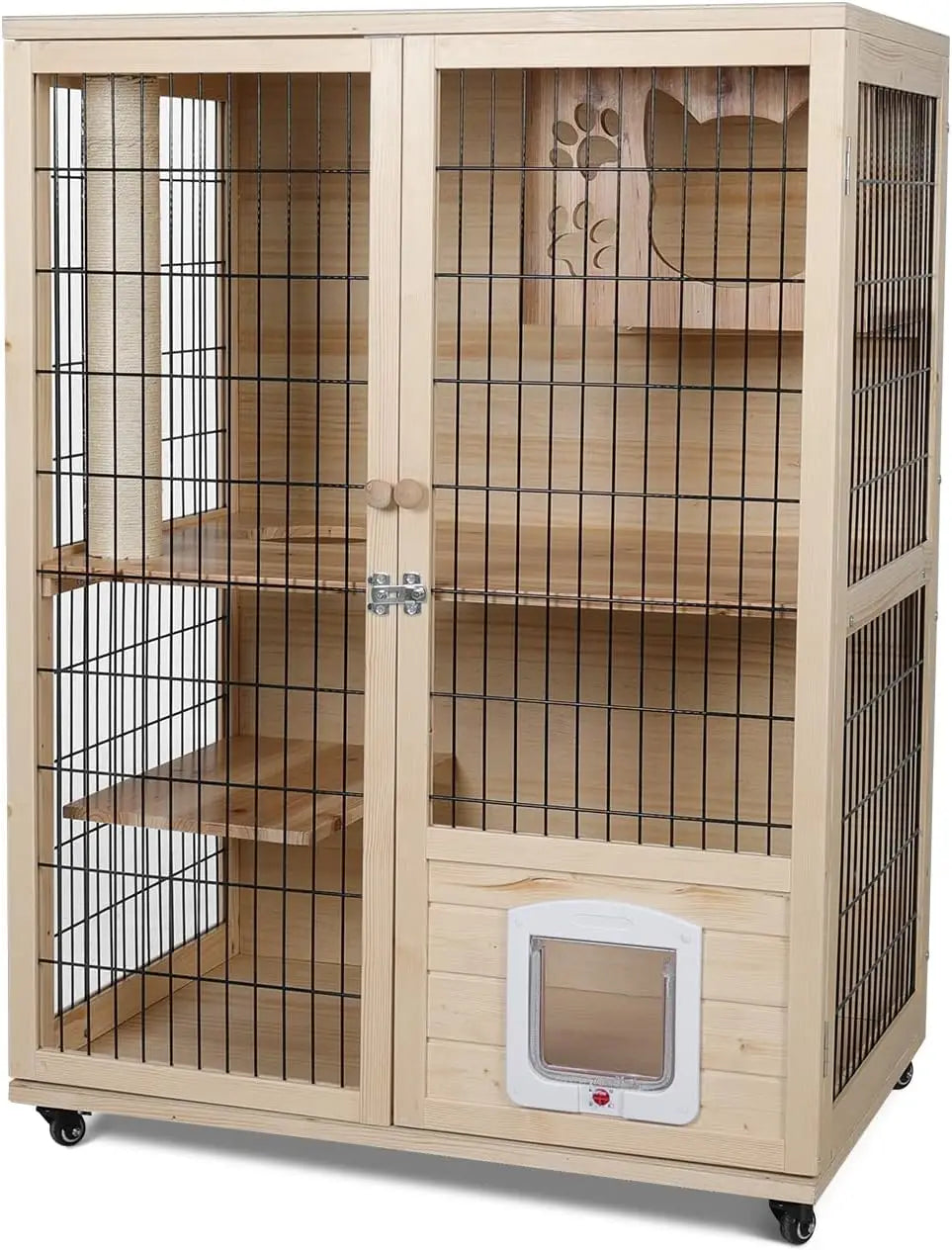 Wooden Cat House, Large Space Cat Cage with Scratching Post and Lockable Wheels, Cat House with Escape Door, Double Cats Houses