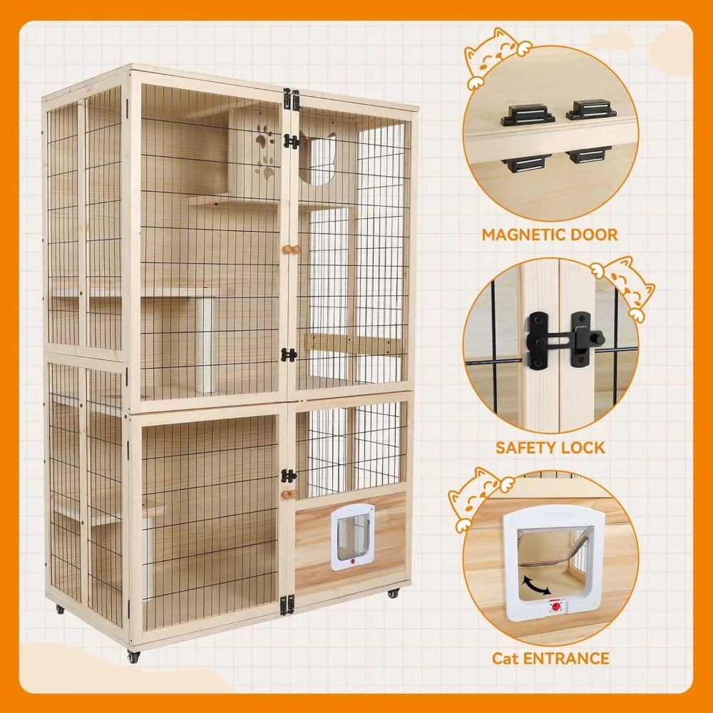 Wooden Cat House Large Space Cat Cage with Scratching Post and Lockable Wheels Double Layer Cat House