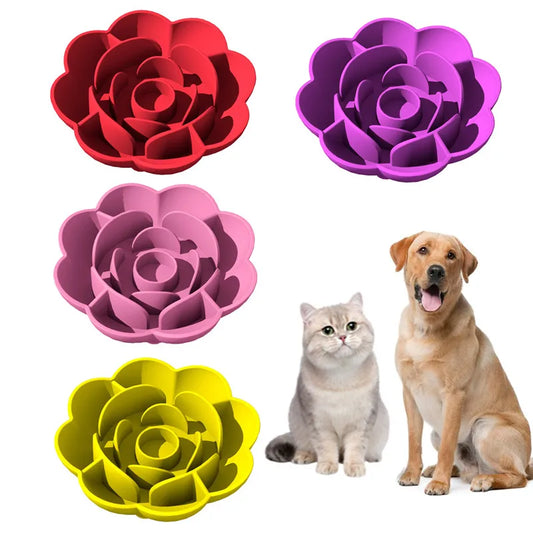 Pet Supplies Silicone Slow Food Bowl Rose Shape Dog Bowl Cat Anti-Choking and Anti-Knocking Food Bowl with Suction Cup