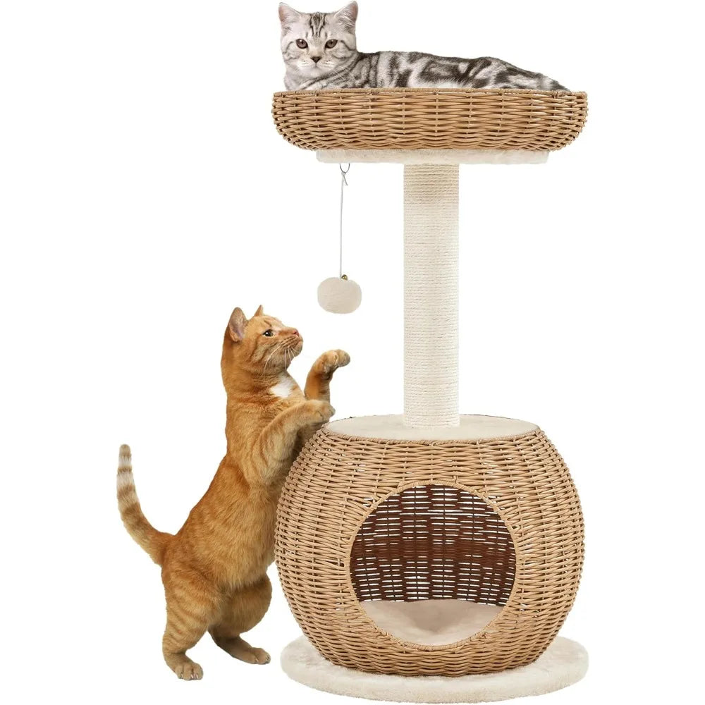 29.5in Rattan Cat Climbing Tower for Indoor Cats w/Scratching Post, Woven Rattan Cat Condo and Soft Cushion Top Perch