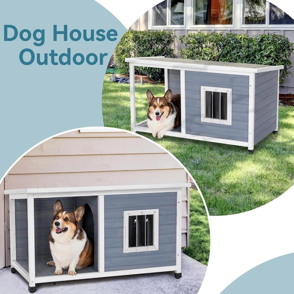 Petsfit 45.5” Dog House Outdoor, Dog House with Porch and Window, Outdoor Dog House Weatherproof for Medium Small Dogs, Durable