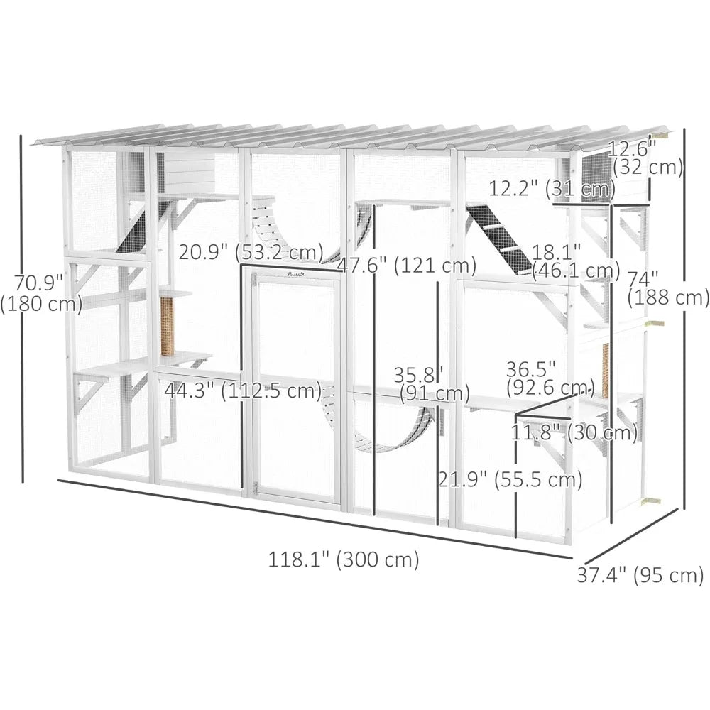 Playground Cat Window Box Outside Enclosure, Outdoor Cat House with Weather Protection Roof for Multiple Kitties,