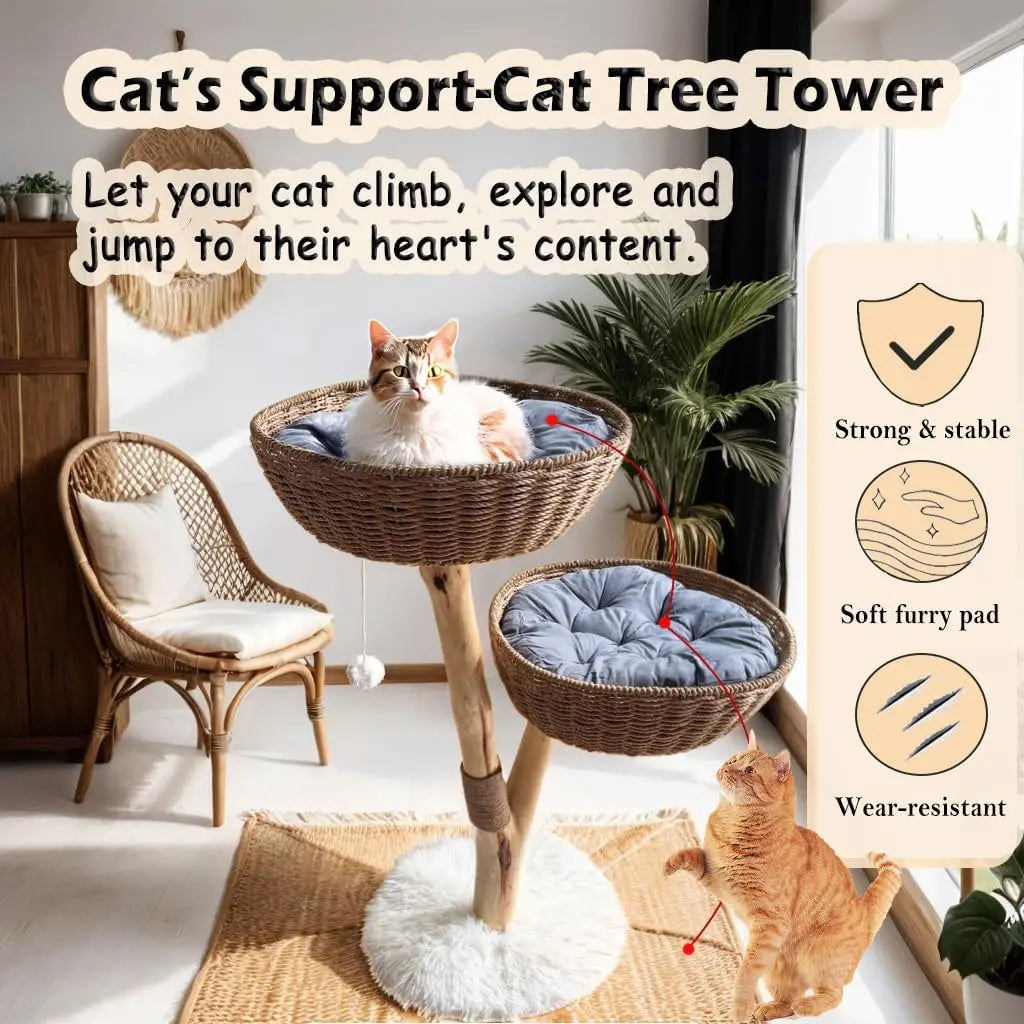 Wooden Cat Tower – Rattan Cat Tree with 2 Rattan Baskets, Scratching Post, and Washable Cushions – Aesthetic Cat Trees