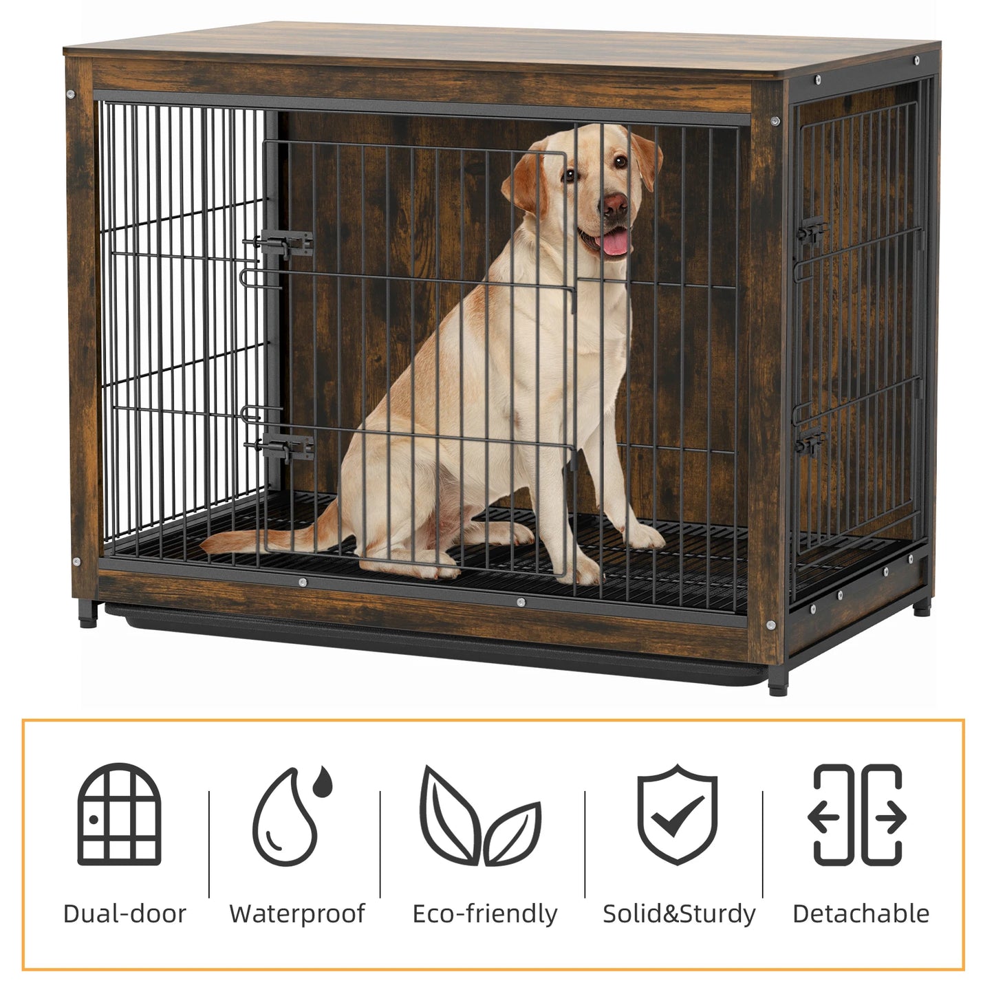 S M L 3 Sizes Dog Crate End Table Furniture Wood Metal Combine Pet Dog Cage Kennels with Double Doors and Removable Tray