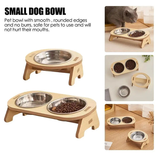 Wooden Cat Double Bowl Elevated Tilted Single/Double Pet Bowls Cat Stainless Steel Food Bowls With Adjustable Wooden Stand