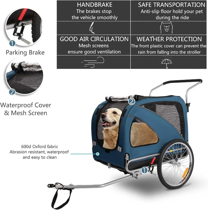 2 in1 Pet Bicycle Trailer with a 6" Stroller Wheel Suitable for Small and Medium Dogs Carrier Up to 88 LBS Easy Folding Cart