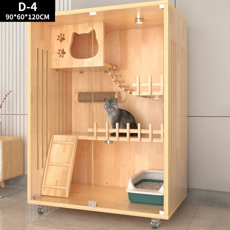 Pet Furniture Cat House Solid Wood Home Cat Cage Large Indoor Luxury Glass Panoramic Cat Villa