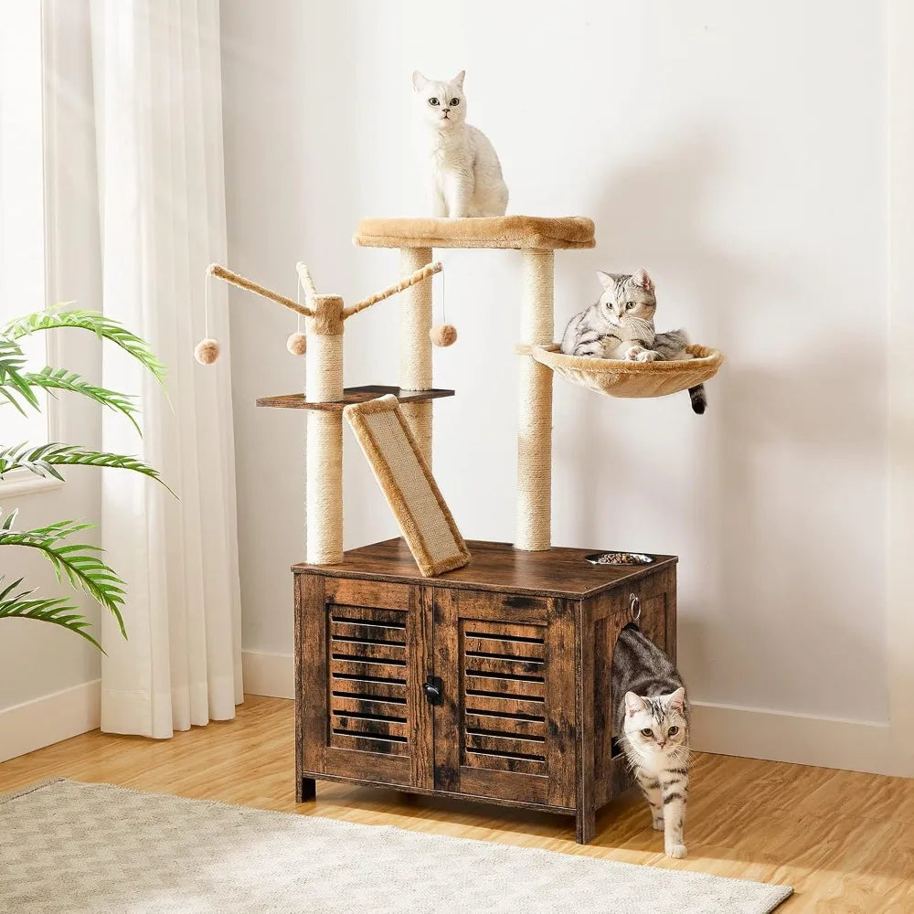 with Litter Box Enclosure, 2-in-1 Versatile Cat Tower, Cat Hammock, Hidden Litter Box Furniture, All-in-One Indoor Cat Condo