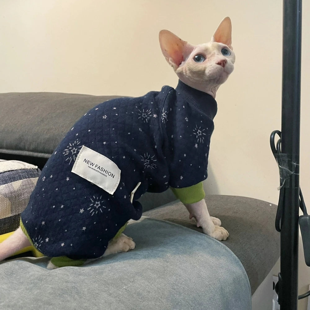 Sphynx Cat Clothes Blue Thick Cotton 4-legged Warm Loungewear for Kittens Small Dogs Winter Coat For Devon Rex Cat accessories