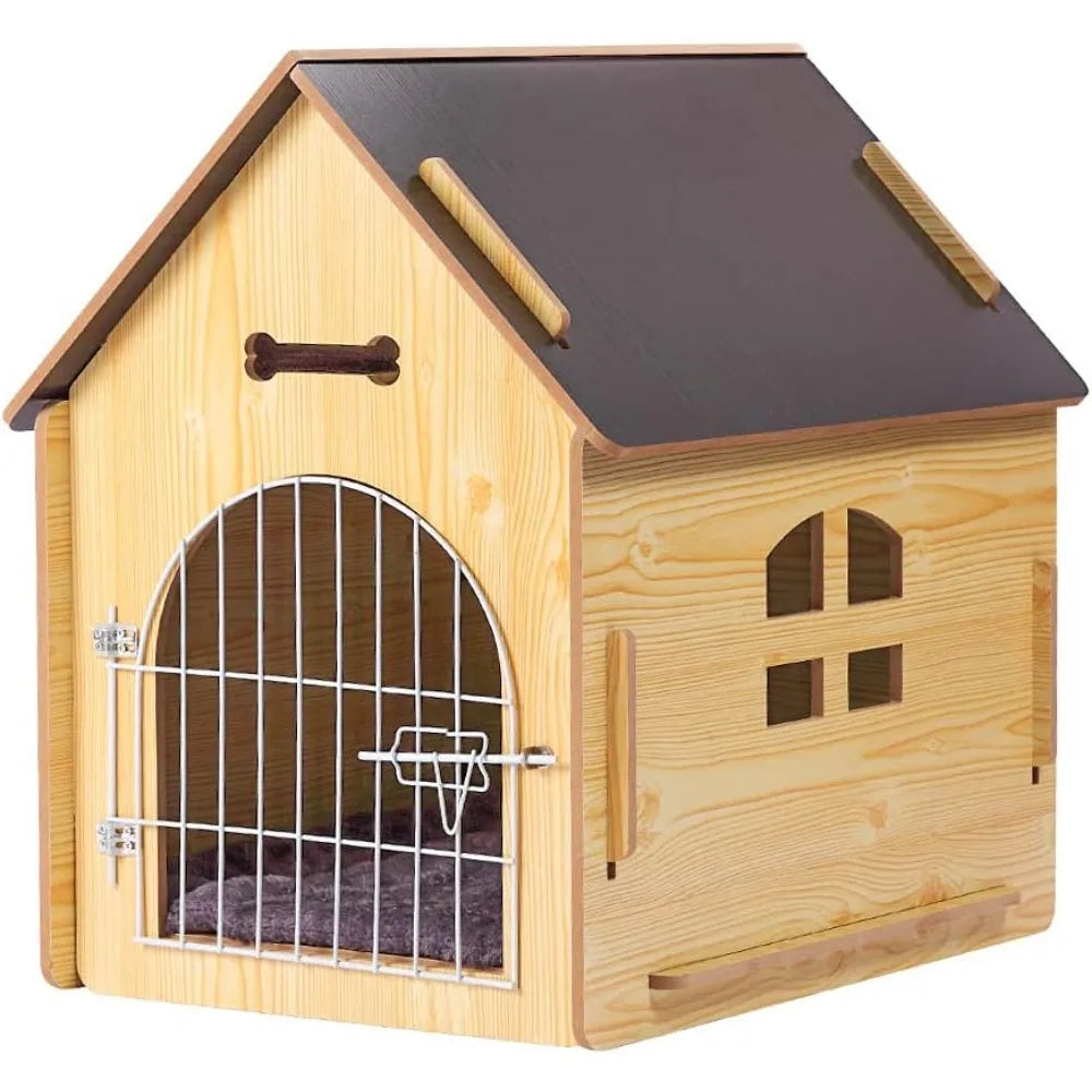 Wooden Pet House with Roof for Dogs Indoor and Outdoor Use, Easy Assemble Breathable Dog Crate for Small Medium Dog Cat, Dog