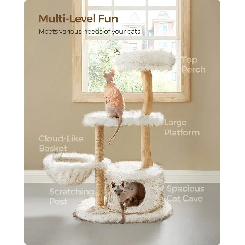 Wood Cat Tower for Large Cats up to 22 lb, 48.4-Inch Luxury Cat Condo with Scratching Post, Perch, Cave, Basket, White