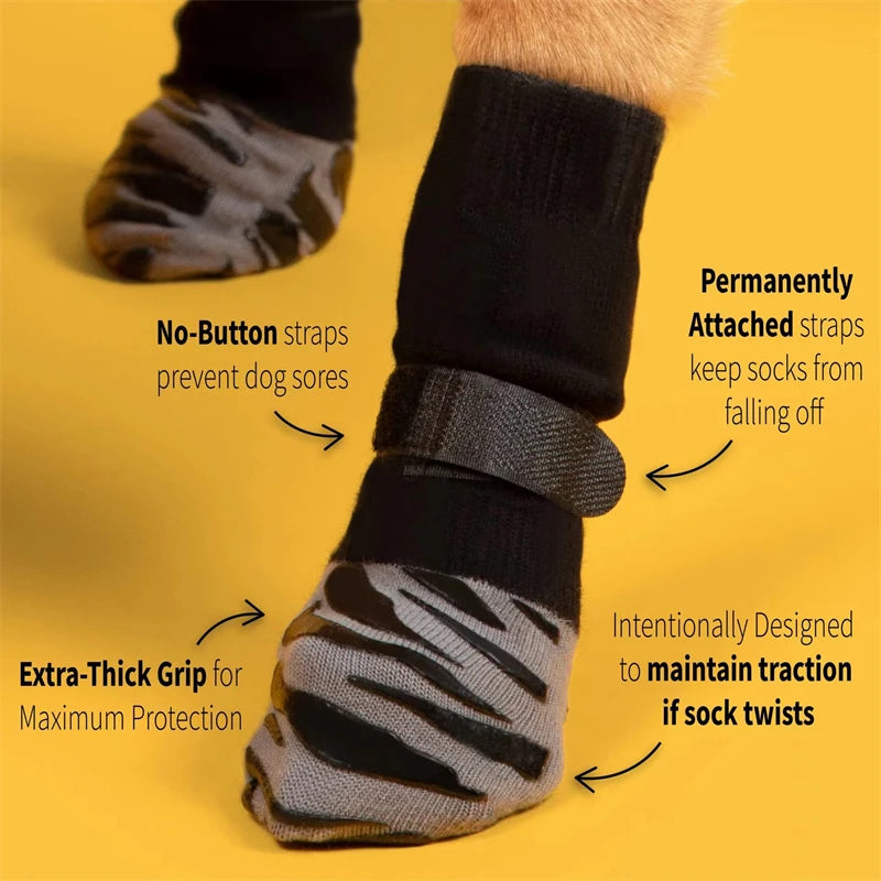 Anti-Slip Dog Socks 4pcs - Paw Protector with Traction Control - Adjustable Indoor Wear Knitted Pet Socks with Rubber Reinforcement