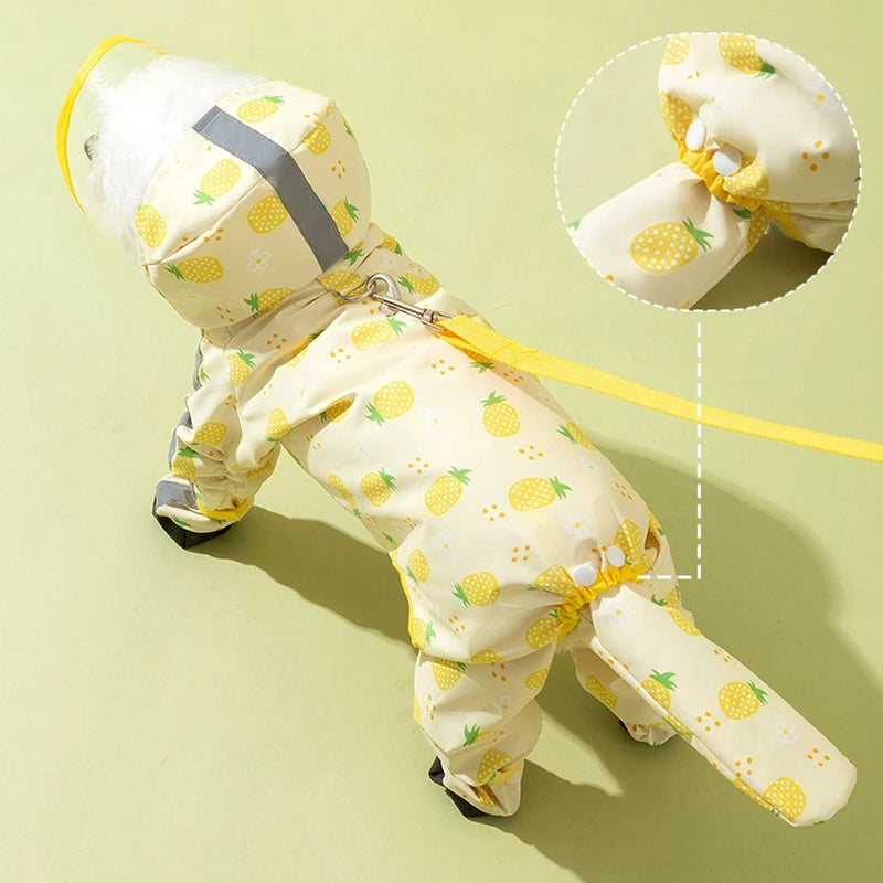 Yellow Pineapple Dog Clothes Leashable Pet Raincoat Fruit Full Print Four Legs Rain Poncho Puppy Waterproof Clothes