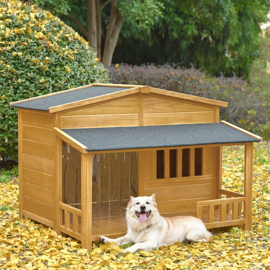 Wooden Dog House, Outdoor & Indoor Dog Crate, Pet Kennel With Porch, Solid Wood, Weatherproof,  Medium, Nature,Dog Supplies