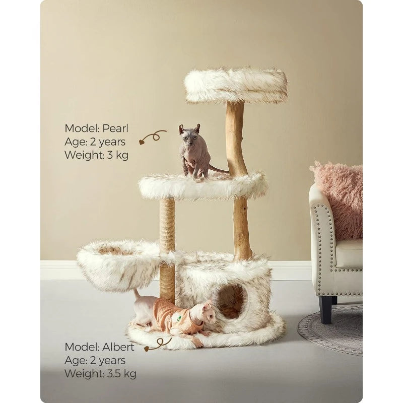 Wood Cat Tower for Large Cats up to 22 lb, 48.4-Inch Luxury Cat Condo with Scratching Post, Perch, Cave, Basket, White