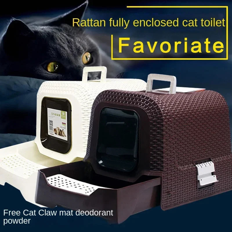 Rattan wind enclosed single-layer drawer cat toilet deodorant cat litter basin large space large fat cat bedpan pet supplies