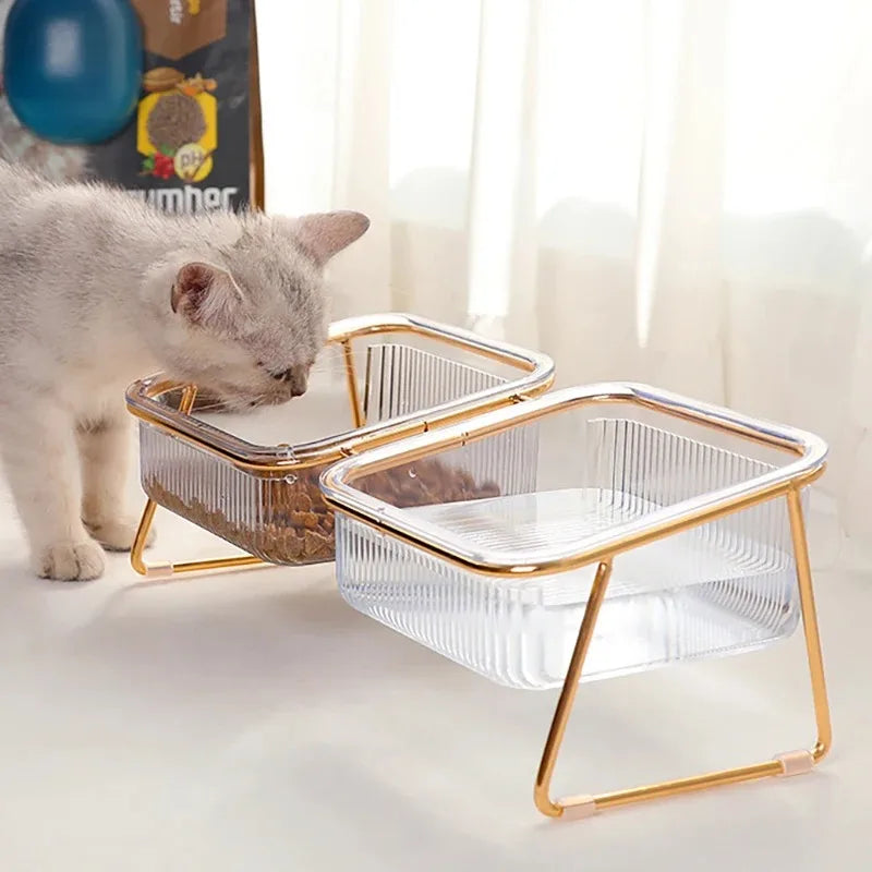 Pet Double Bowl Transparent High Foot Cat Bowl Drink water Cat Food With Golden Stand Raised Water Feeder Dog Bowl Supplies