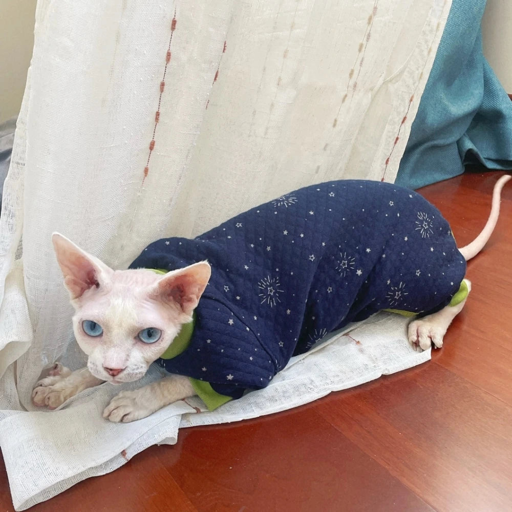 Sphynx Cat Clothes Blue Thick Cotton 4-legged Warm Loungewear for Kittens Small Dogs Winter Coat For Devon Rex Cat accessories