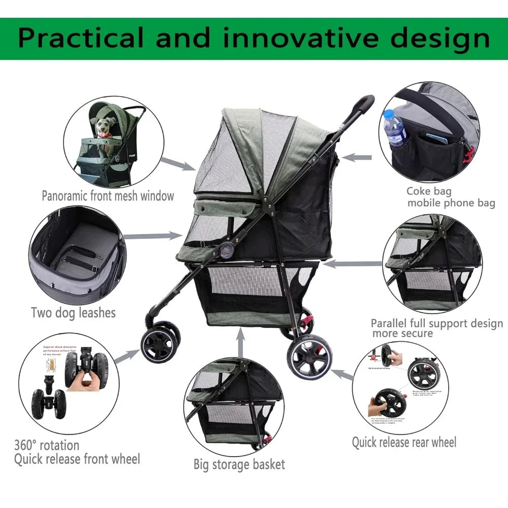 3Wheel Pet Stroller Lightweight Foldable Portable Compact Pet Gear Puppy Travel Suitable for 30LB Small Dogs and Cats