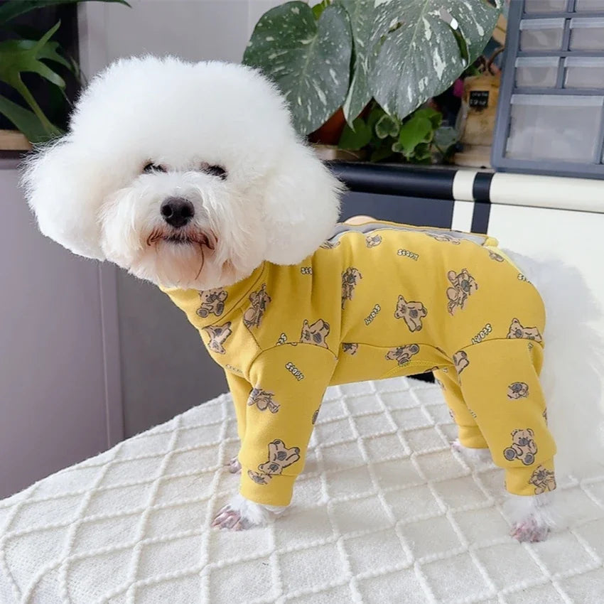 2025 Spring Autumn Pet Dog Clothes Fashion Cute Print Yellow Jumpsuits Hoodies For Small Medium Dog Schnauzer Poodle Dog Rompers