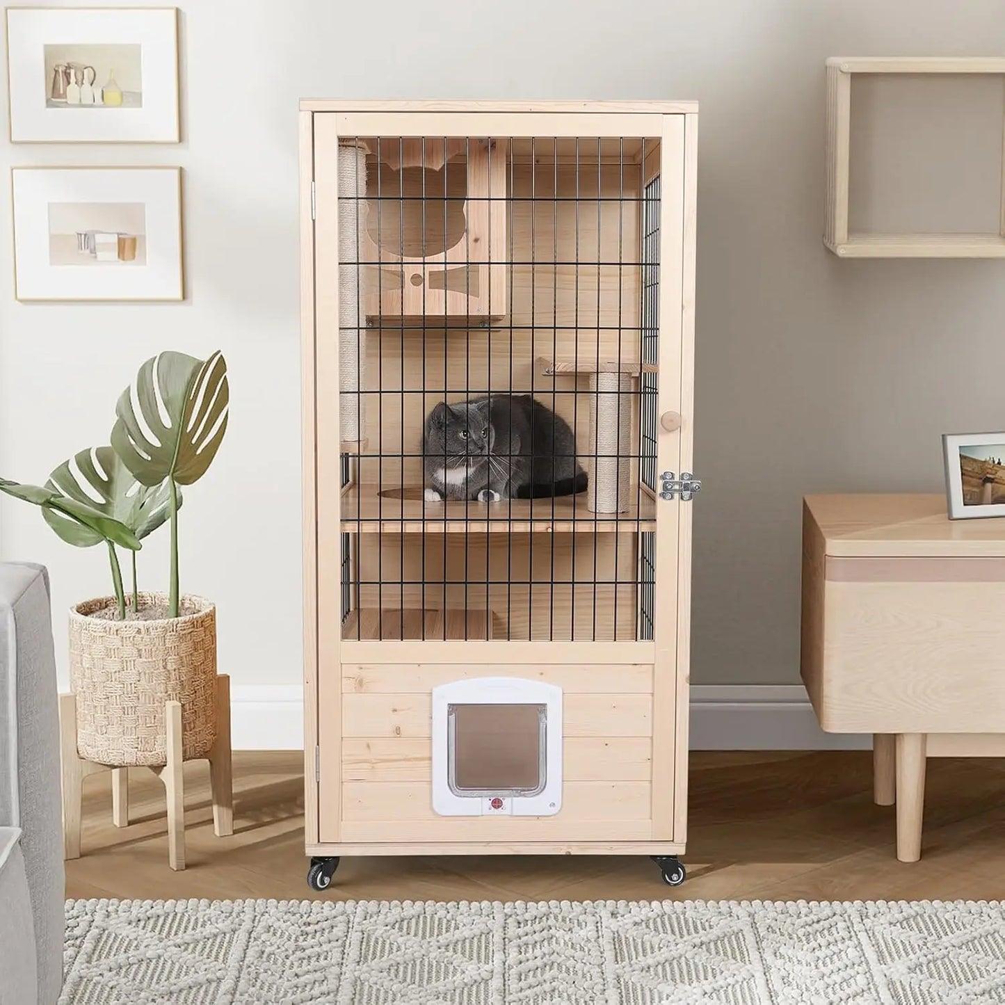 Wooden Cat House Large Space Cat Cage with Scratching Post and Lockable Wheels Double Layer Cat House