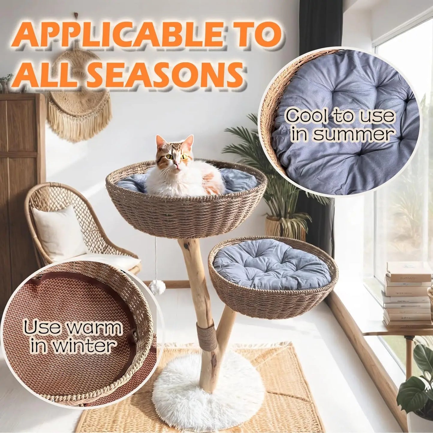 Wooden Cat Tower – Rattan Cat Tree with 2 Rattan Baskets, Scratching Post, and Washable Cushions – Aesthetic Cat Trees