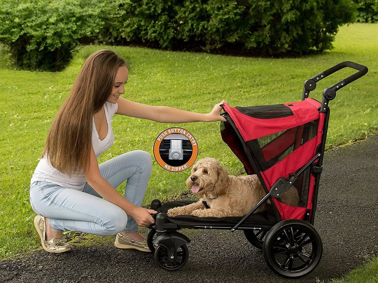 Pet Gear NO-Zip Pet Stroller with Dual Entry, Push Button Zipperless Entry for Single or Multiple Dogs/Cats, Pet Can Easily Walk