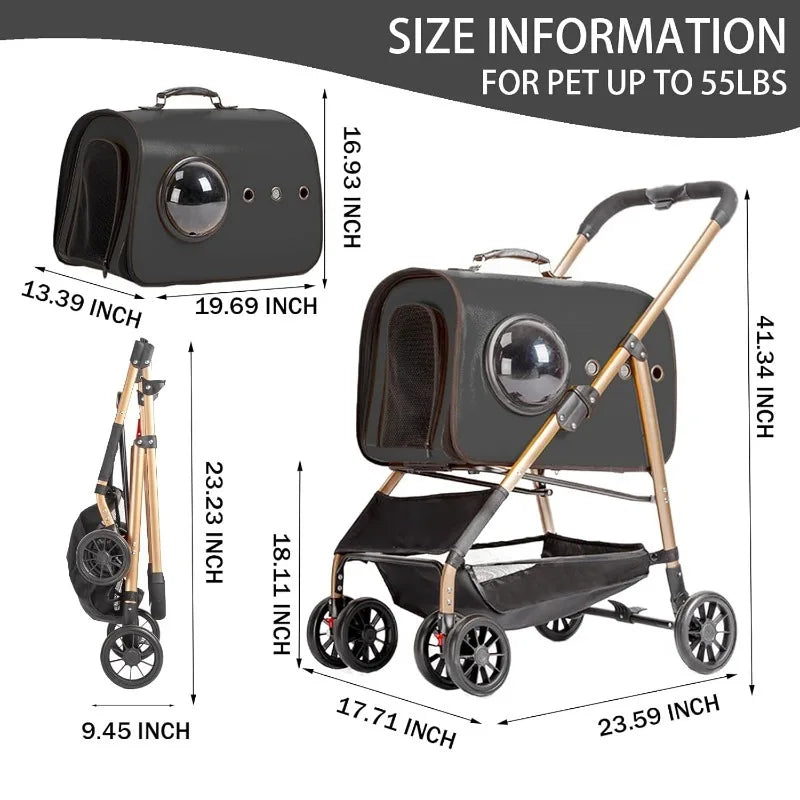 Pet Stroller 3 in 1 Dog Stroller for Medium Small Size Dogs, Foldable Pet Travel Carrier with Detachable Carrier Storage Basket