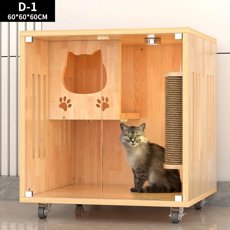 Pet Furniture Cat House Solid Wood Home Cat Cage Large Indoor Luxury Glass Panoramic Cat Villa