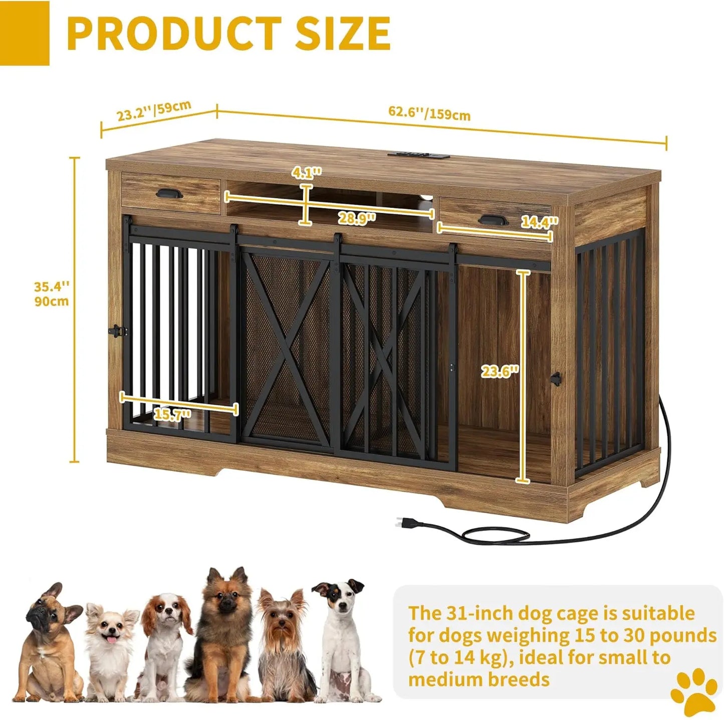 YITAHOME 63 Inch Double Dog Crate TV Stand with Charging Station, Heavy Duty Wooden Dog Crate Furniture for 2 Dogs, Dog Kennel I