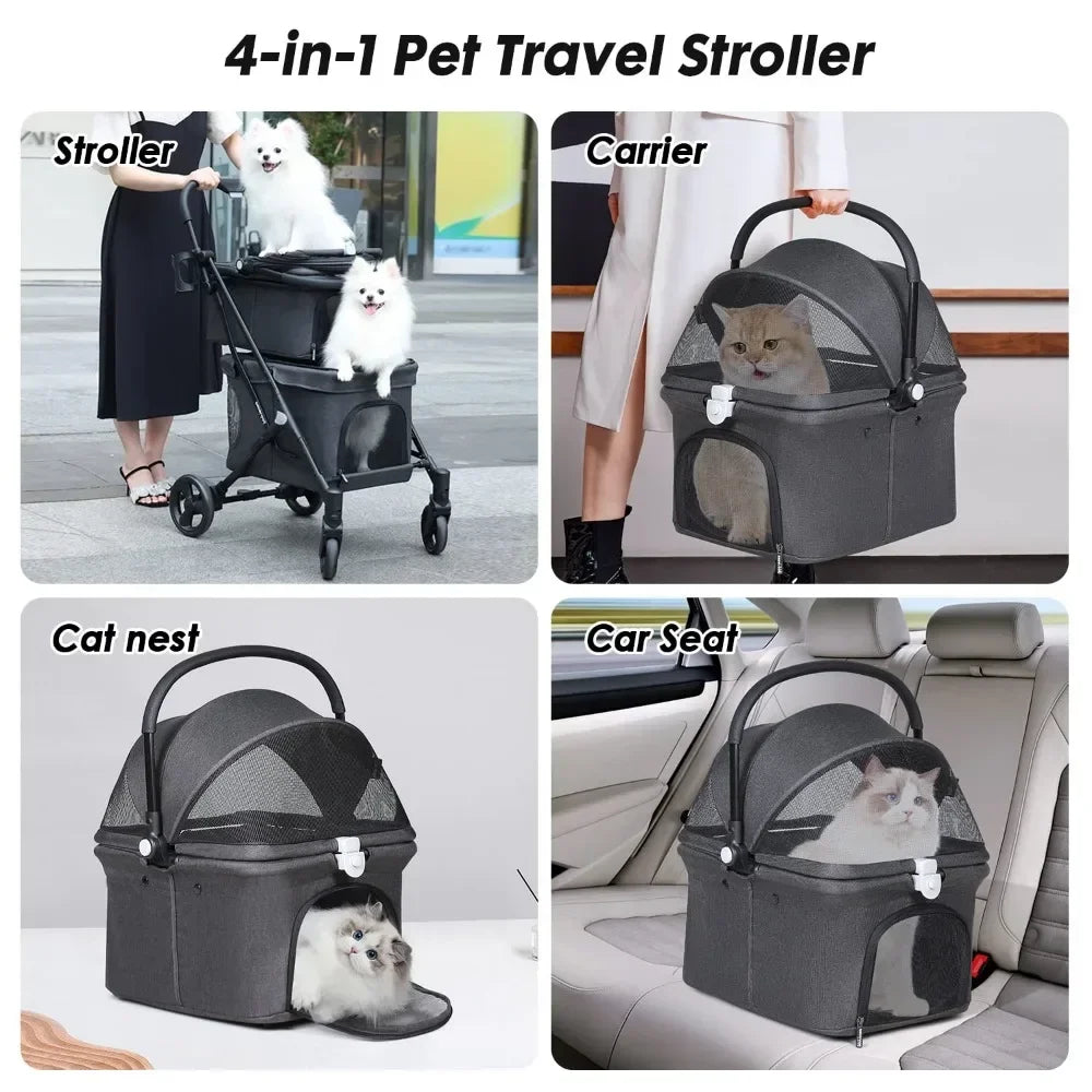 Pet Strollers, Double Pet Stroller for 2 Small Dogs or Cats Lightweight Foldable Double Dog Strollers with Detachable Carrier