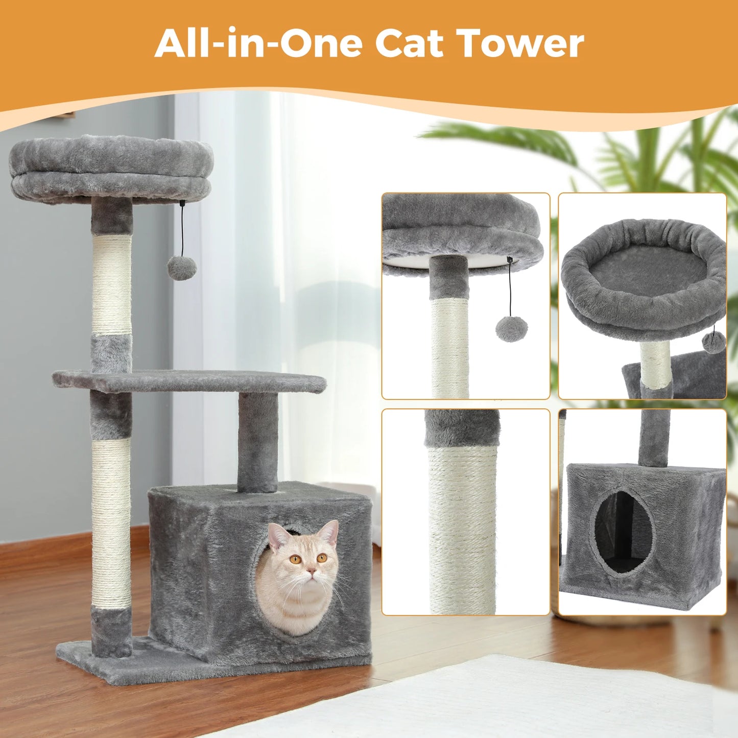 Small Cat Tree with Sisal Scratching Posts, Top Perch, Cozy Condo, Cat Tower for Indoor Cats, Cat Accessories, Scraper for Cats