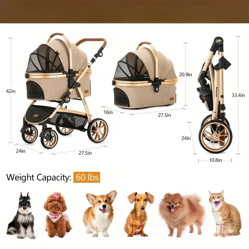 Pet Stroller 3 in 1 for Medium Small Size Dogs Luxury Large Cat Stroller Detachable Carrier for Puppy Kitty Doggie