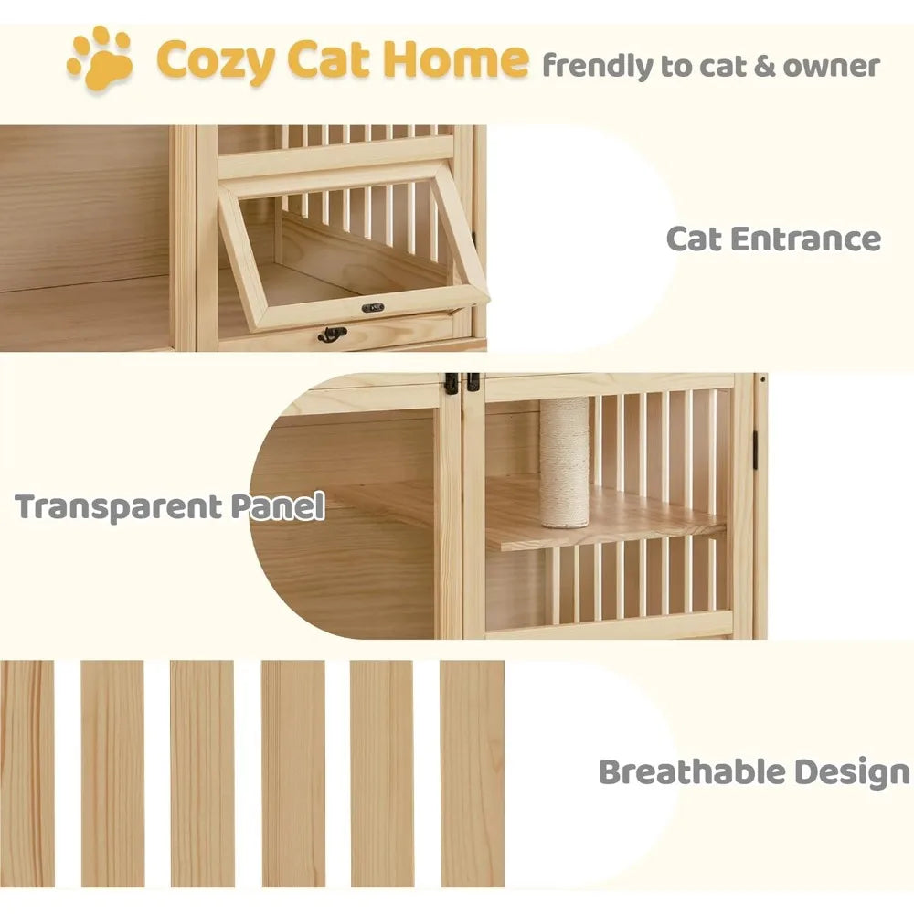 Wooden Cat House for Indoor Cats - Cat Villa with Cat Entrance, Lockable Doors & Wheels