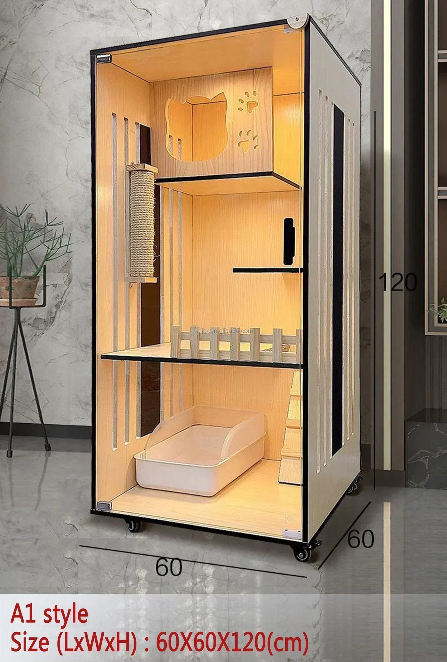 Solid Wood Cat Cage Hemp Rope Column Big Cat Cabinet Kitten Nest Indoor House Display Cage Three-layer Cat Villa Large Capacity