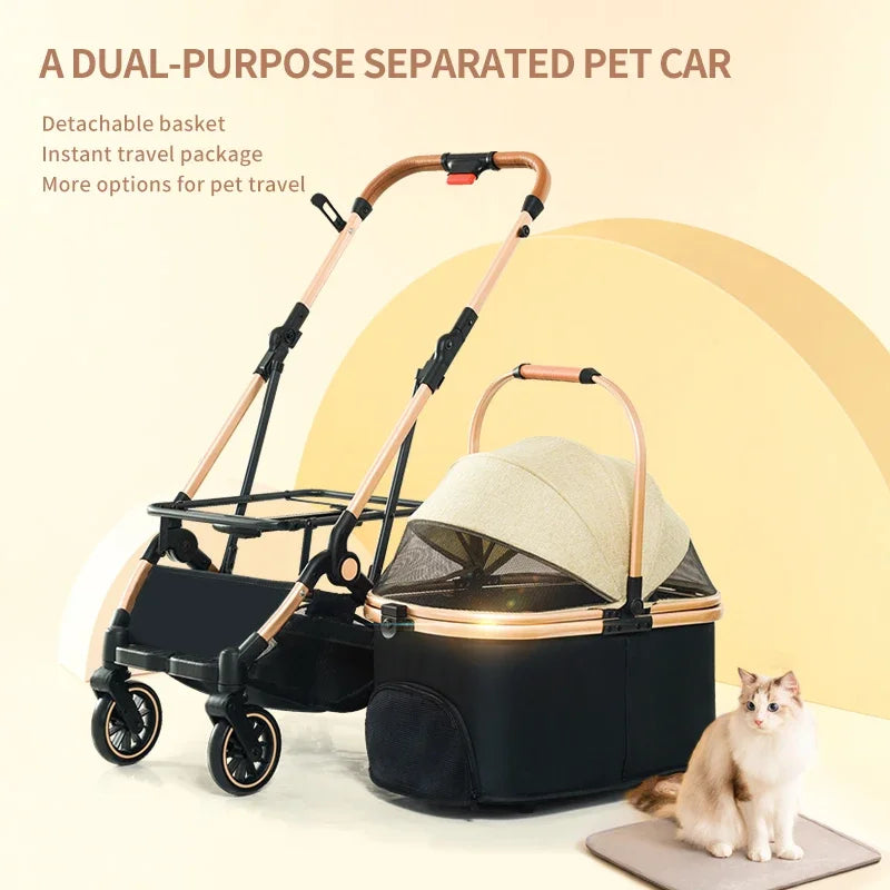 Pet Stroller,4 In 1 Pet Stroller, Folding Light Weight Cat &Dog Stroller With Detachable Carrier, 180° Reversible Canopy