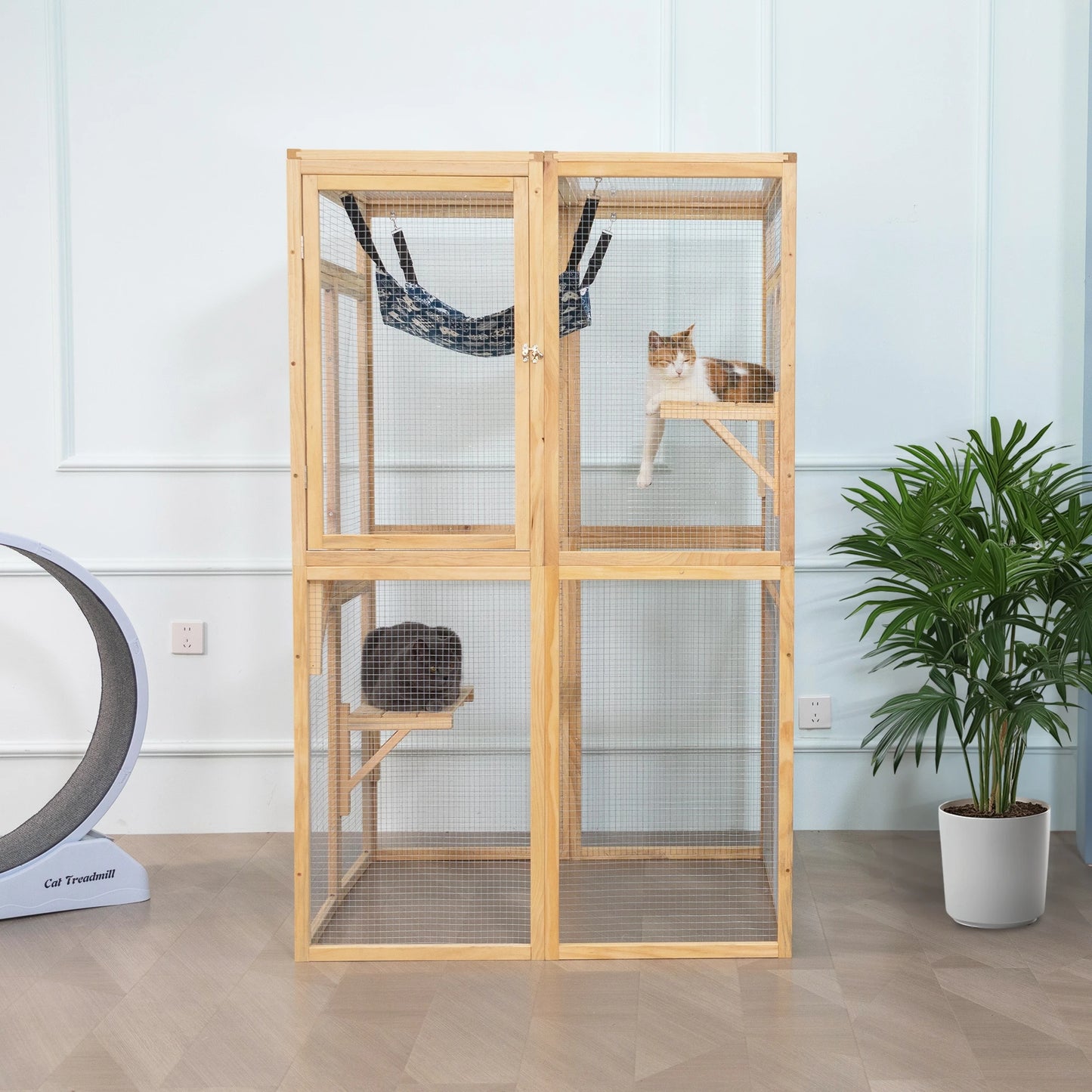 Wooden Cat Catio, Outdoor Cat Enclosure, Cat House with Platforms, Sunshine Board, Hammock, Door, Kitten Cage Condo