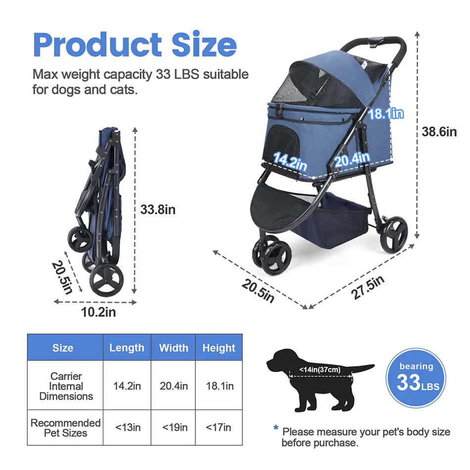 Pet Stroller Bag Travel Car Foldable 300lbs Foldable Collapsible Stroller for Dogs Cat ,3 Wheels Dog Puppy Stroller,Trolley