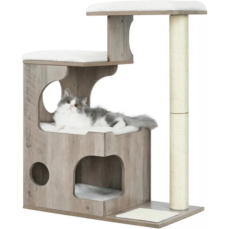 WoodyWonders Cat Tree, 33.8-Inch Modern Cat Tower, Cat Condo with 3 Perches, Scratching Post and Mat, Cave, 4 Removable Washable