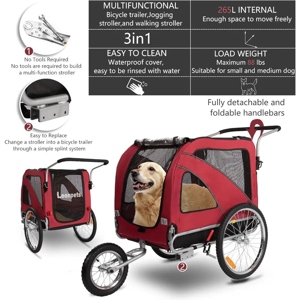 Pet Strollers, Dog Cart for Large, Bicycle Trailer with Jogger and Stroller, Quick Set-up and Fold Down with Pet Strollers