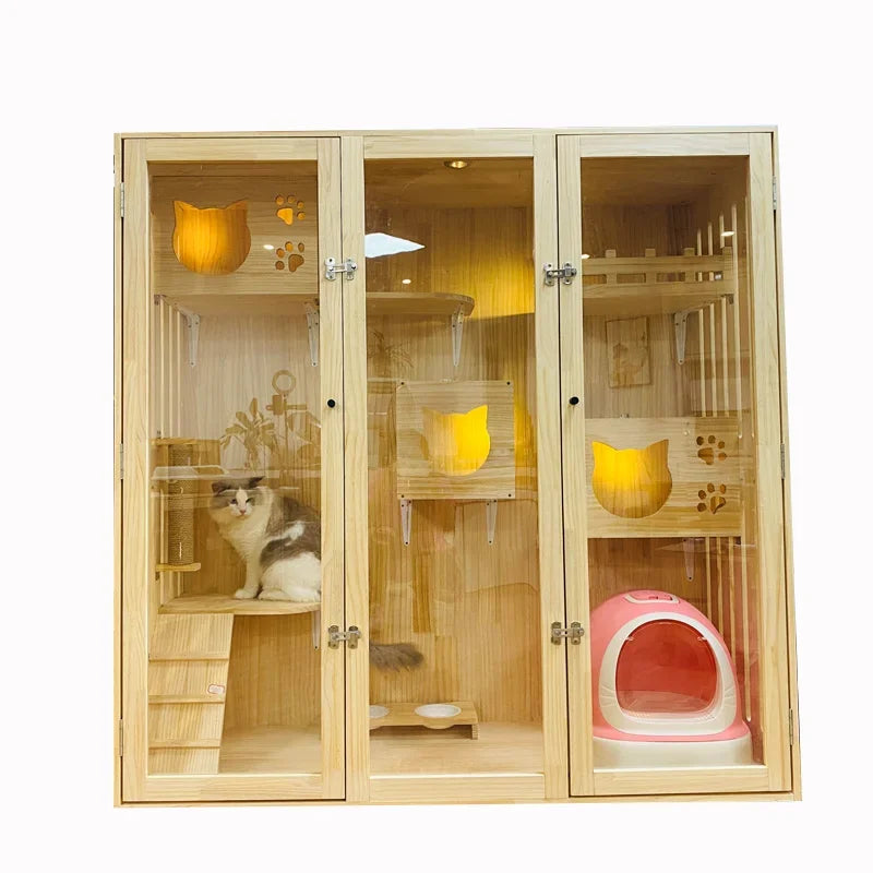 Solid Wood Cat Villa Cattery Luxury Nest Breeding Cage   Display Cabine  Hotel Cat Apartment Cat House