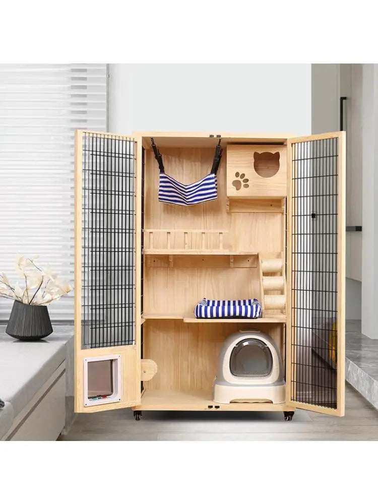 Solid Wood Cat Villa, Cat Cage, Large Space Cat Litter, Luxury Home Indoor Double-Layer Cat House