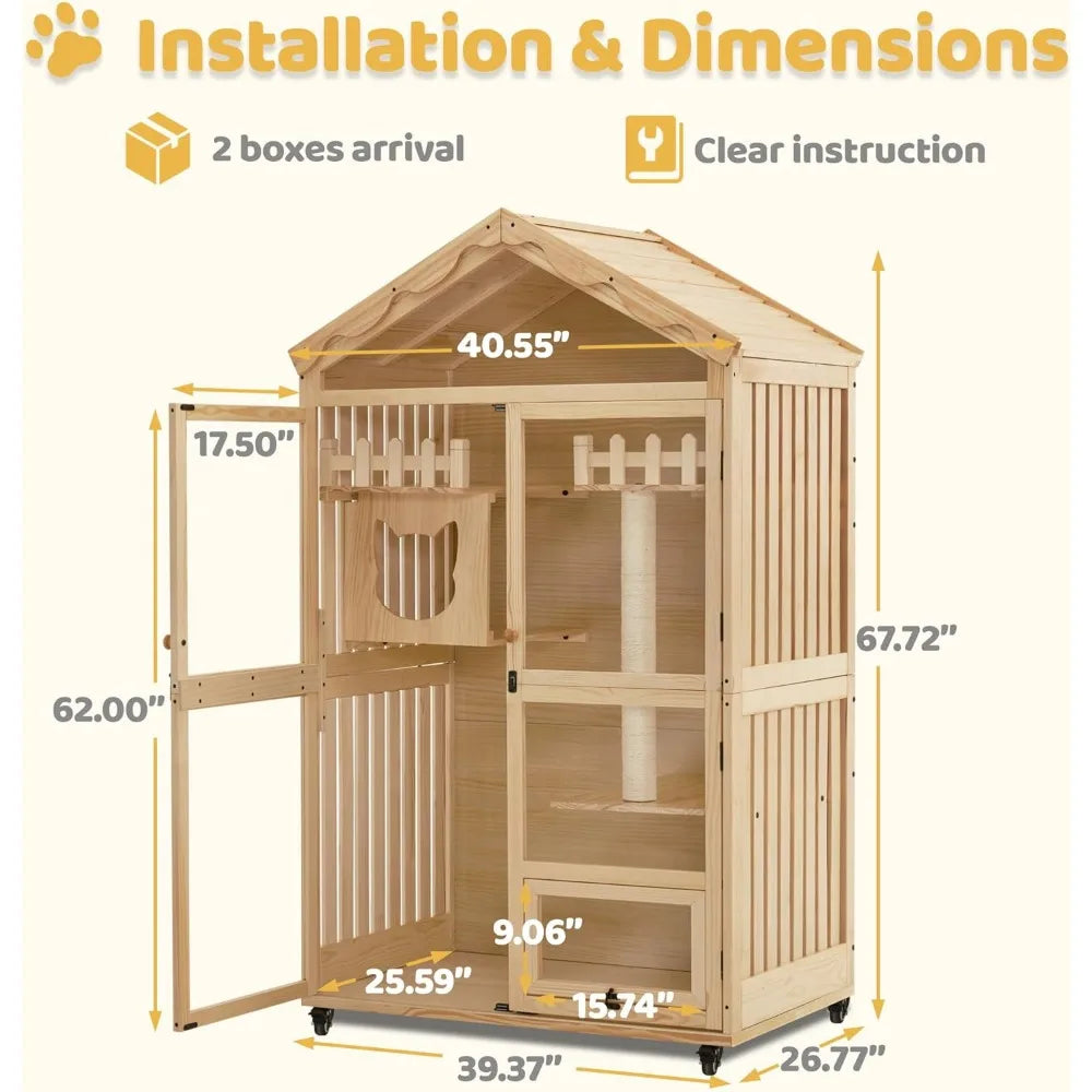 Wooden Cat House for Indoor Cats - Cat Villa with Cat Entrance, Lockable Doors & Wheels