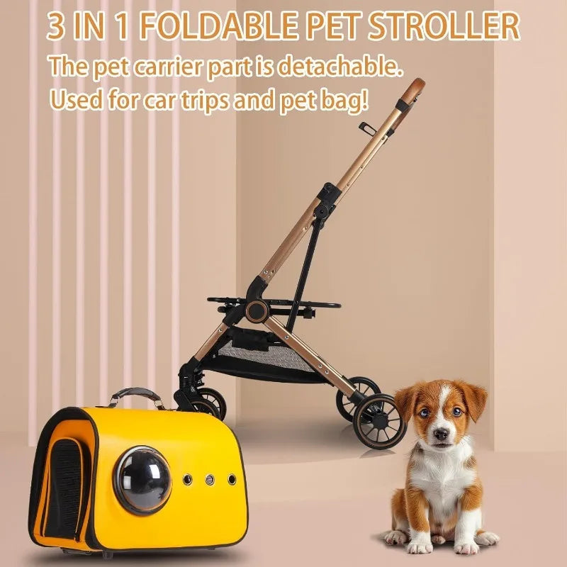 Pet Stroller 3 in 1 Dog Stroller for Medium Small Size Dogs, Foldable Pet Travel Carrier with Detachable Carrier Storage Basket