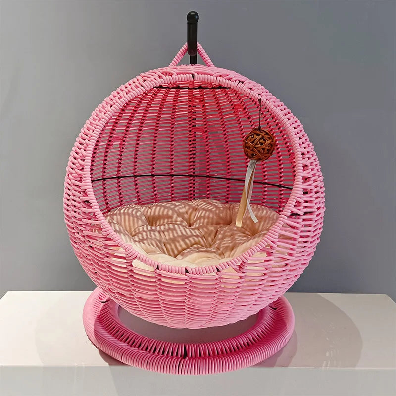 Rattan Cat Litter Mat Hanging Basket Hammock Semi-enclosed Removable Washable Cat Bed Pet Supplies Cat Beds Kitten Villa