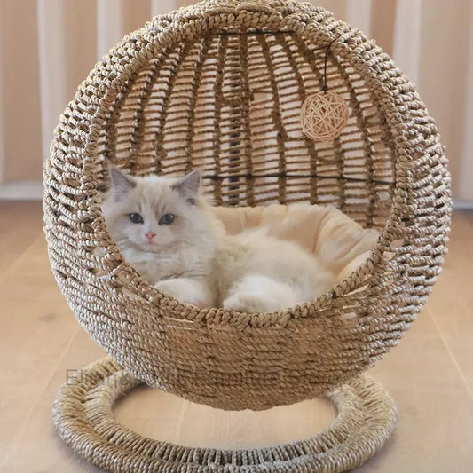 Rattan Cat Litter Mat Hanging Basket Hammock Semi-enclosed Removable Washable Cat Bed Pet Supplies Cat Beds Kitten Villa