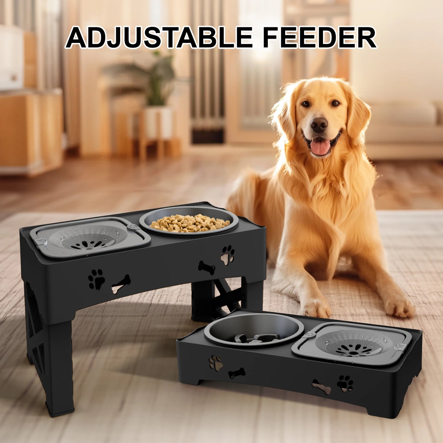 3 In 1 Pet Feeder Slow Feed Bowls Double Bowls Foldable With 5 Adjustable Height Suitable For Pets Of Different Heights