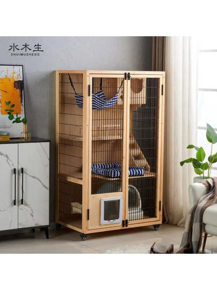 Solid Wood Cat Villa, Cat Cage, Large Space Cat Litter, Luxury Home Indoor Double-Layer Cat House