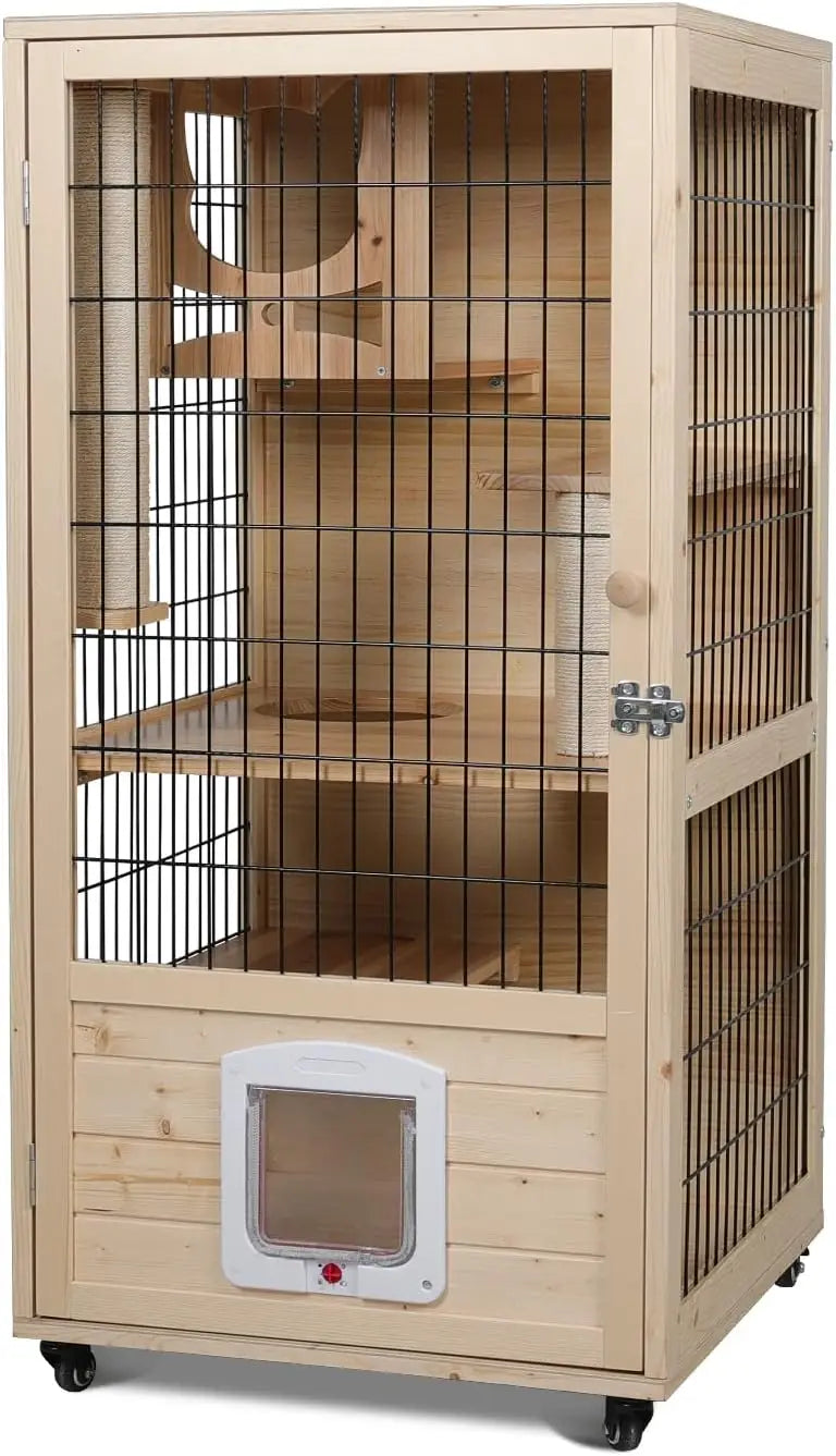 Wooden Cat House, Large Space Cat Cage with Scratching Post and Lockable Wheels, Cat House with Escape Door, Double Cats Houses